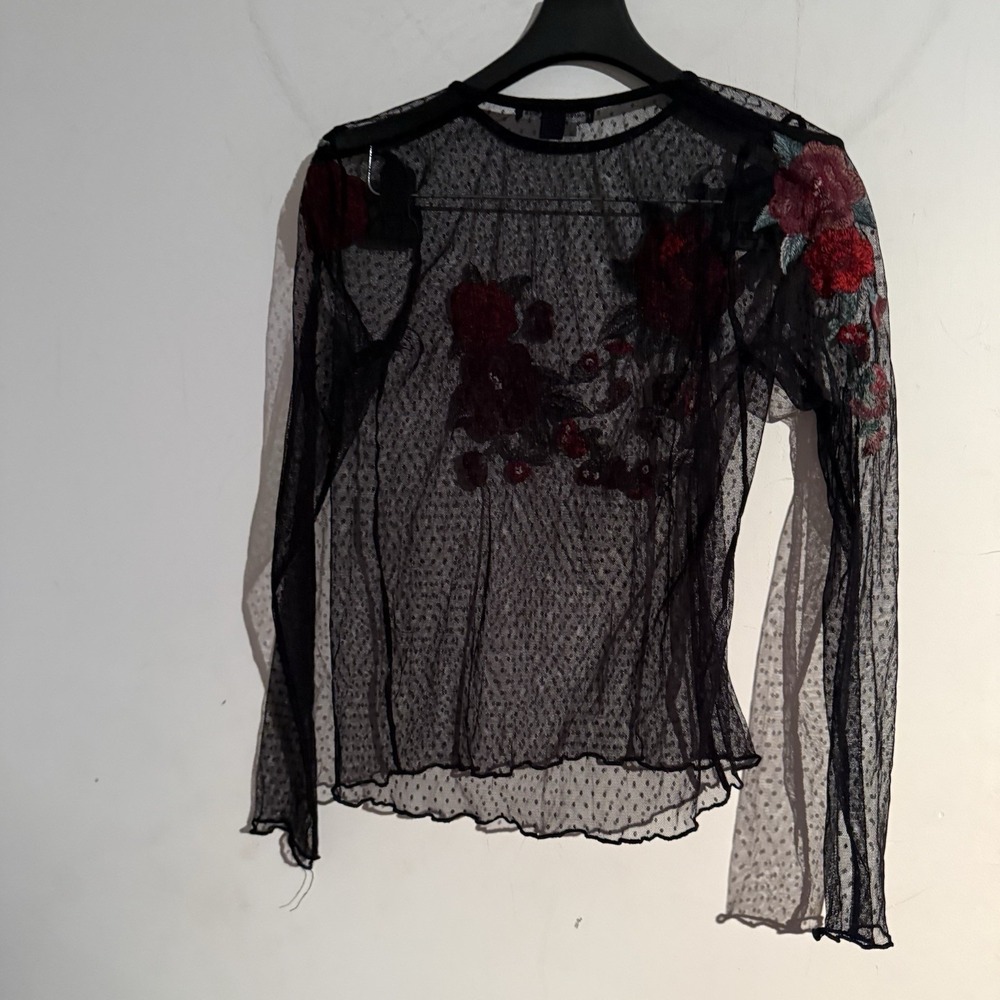 Y2K American Eagle Small Sheer Mesh Top Lettuce Trim Floral Whimsigoth Witchy - Picture 4 of 4
